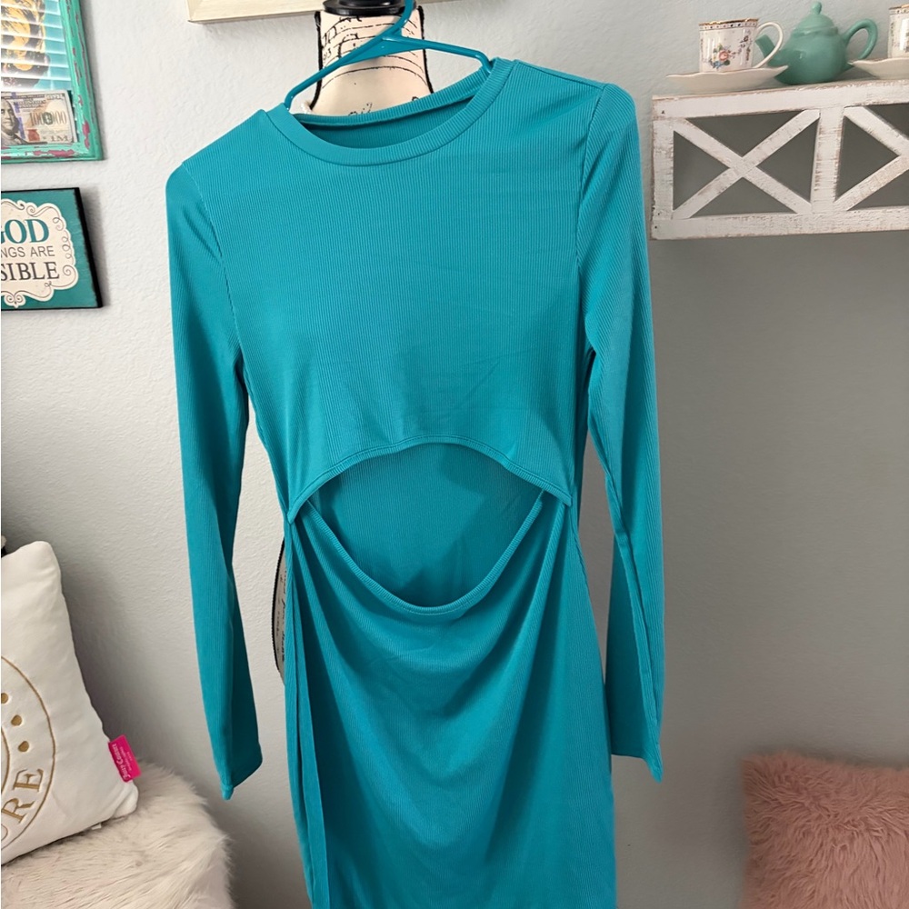 Teal Long Sleeve Cutout Dress